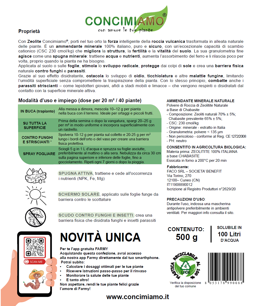 Zeolite Concimiamo - Farina Di Roccia Naturale 500g, Per Orto E Piante