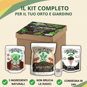 Kit di concimazione biologica Concimiamo per orto, giardino e piante in vaso – concime organico con humus, zeolite e biochar ispirato alla fertilità del suolo “terra preta”.